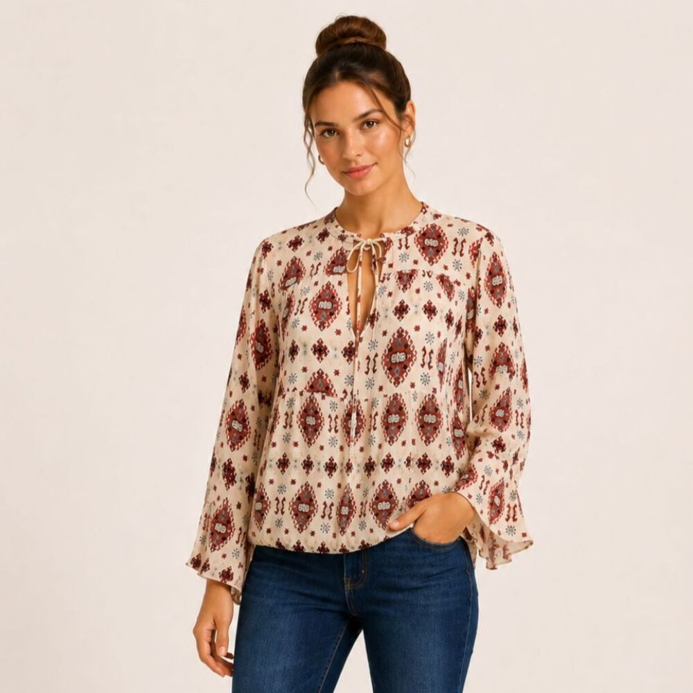 IVY JANE Boho Long Bell Sleeve Top Blouse Geometric Pattern Sz S